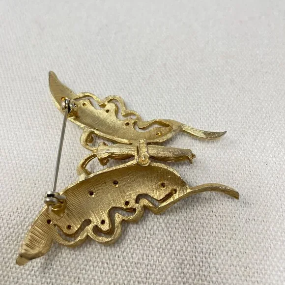 Pell Uranium Glass Butterfly Brooch Vintage Signed Gold-Tone Pink Body